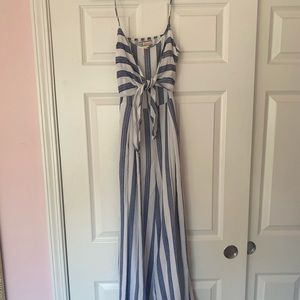 blue and white striped pantsuit